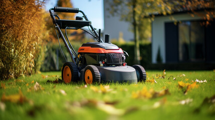 Autumn season lawn mowing in the garden. ai generative - obrazy, fototapety, plakaty