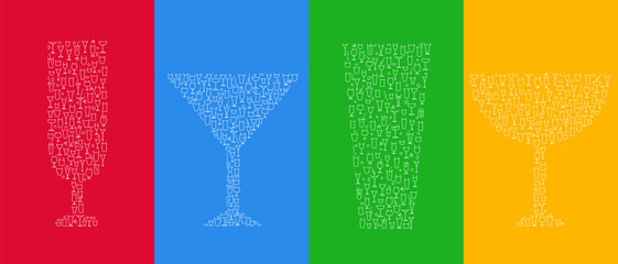 Cocktail glass different form for juice or alcohol drinks in minimal creative style. Set creative silhouettes from small elements. Art decoration for design banner, menu. Vector retro illustration.