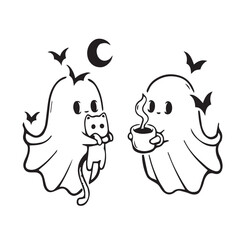 ghost carrying a cat with ghost drinking a coffee