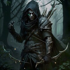 Dimlylit forest Male elf ranger grayskinned black hair styled in tight braids black eyes long pointed ears scars and tattoos on face Dressed in black studdedleather armor with a hooded cloak Holding  - obrazy, fototapety, plakaty