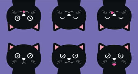 Set of cartoon black cats with different emotions. Vector illustration