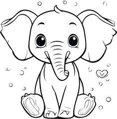 Black and White Cartoon Illustration of Cute Elephant Animal Character for Coloring Book