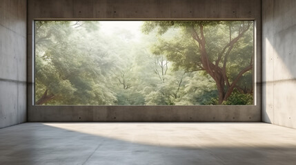 3d render of empty concrete room with large window