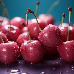 Closeup of pink ripe juicy cherries on blue background 