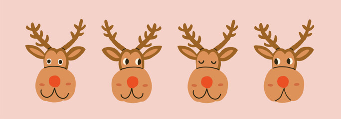 Christmas raindeer Rudolf character with different emotions. Christmas deer stickers, deer character. Vector illustration