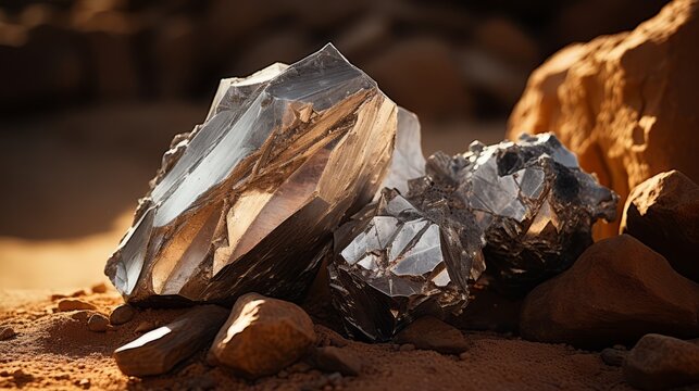 Silver ore on sand. Silver ore close up. Horizontal format for banners texture. AI generated.