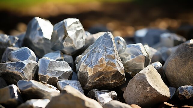 Silver. Pieces of Silver ore with stones. Horizontal format for banners texture. AI generated.