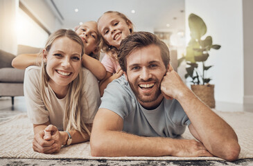 Home, portrait and family with girls on the floor, relax and happiness with joy, cheerful and weekend break. Children, mother or father with kids on the ground, calm or care with a smile in a lounge