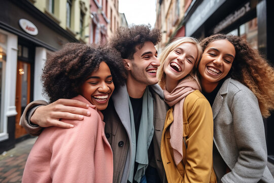 Multiracial group of friends having fun together outdoors on city street- Young cheerful people walking hugging outside- Next gen z lifestyle concept-Smiling student enjoying vacation