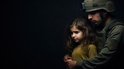 Portrait of a soldier and little girl on a black background. - obrazy, fototapety, plakaty