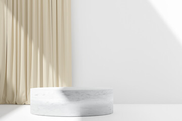 3d white podium on table against beige curtain background. 3d rendering of realistic presentation for product advertising.