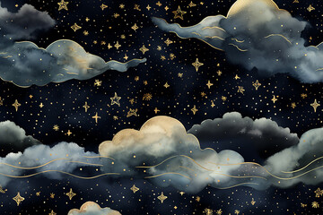Obraz na płótnie Canvas Night sky with gold foil constellations, stars, and clouds watercolor