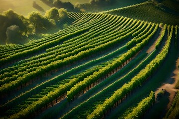 Create an aerial view of a tranquil vineyard with rows of grapevines in different shades of green - obrazy, fototapety, plakaty