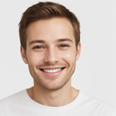 Obraz premium A portrait of smiling young handsome man wearing ehite t-shirt on a white background, close up portrait of a man with dark hair Passport photo