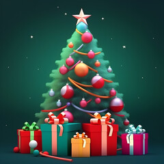 A green Christmas tree with colorful gifts. Generative AI