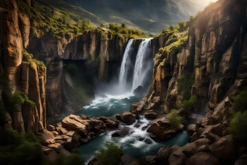 Create an image of a majestic waterfall cascading into a deep gorge from an elevated viewpoint - obrazy, fototapety, plakaty