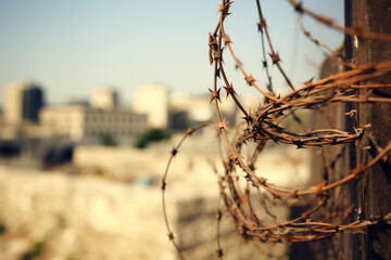 Barbed wire on the border between Israel and the Gaza Strip  - obrazy, fototapety, plakaty