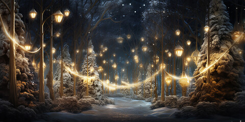 Christmas trees and a magical forest with glowing lights