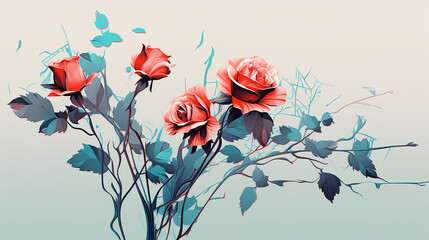 Plantas e folhas modernas de rosas - obrazy, fototapety, plakaty