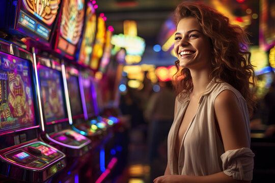 Happy young woman smiling near slot machines in a casino