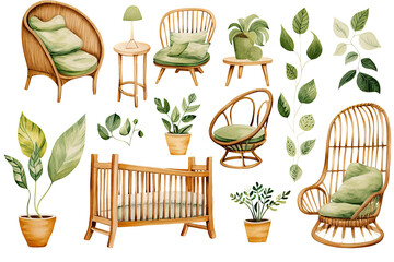 A set of different furniture and plants for the children's room. Watercolor illustrations for design and decoration. - obrazy, fototapety, plakaty