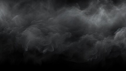 Panoramic view of the abstract fog. White cloudiness, mist or smog moves on black background. Beautiful swirling gray smoke. Mockup for your logo. Wide angle horizontal wallpaper or web banner
