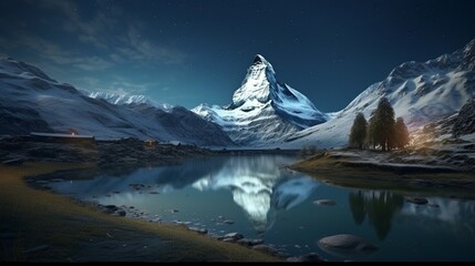 nighttime panorama of the magnificent Matterhorn mountain with a shooting star