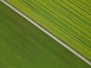 Aerial view of a road between grass fields in the landscape 