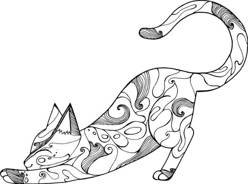 cute cat stretching, kitten made up of patterns and lines, coloring book for adults and children, black and white vector,