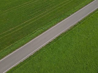 Fototapeta premium Drone view of a straight road between grass fields in the landscape 