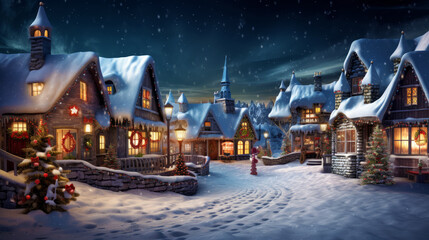 Christmas village winter landscape. Houses with warm light in the windows in the snowy valley in the evening. - obrazy, fototapety, plakaty