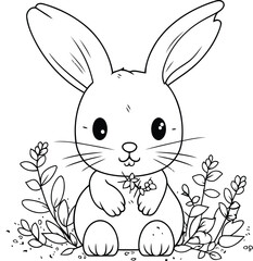 cute rabbit with flowers cartoon vector illustration graphic design in black and white