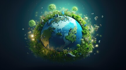 Fototapeta na wymiar Planet earth with greenish trees on blue background.