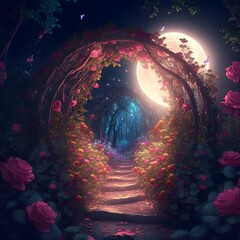 Fantasy fairy tale background with forest and blooming pink rose path Fabulous fairytale outdoor garden and moonlight background ultra realistic super fine details glittering lightsvolumetric 