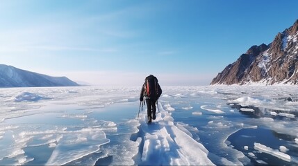 The man is skating on Lake Baikal's ice. Siberian winter scene