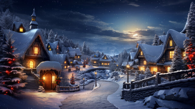 Christmas village winter landscape. Houses with warm light in the windows in the snowy valley in the evening.