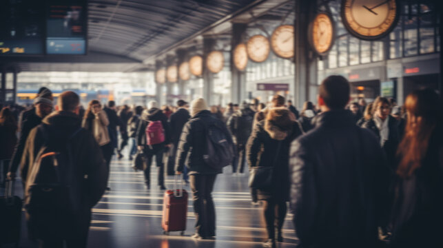 Blurred image of people waiting for the train at the station.
