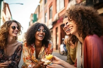 Gordijnen Group of happy women eating ice cream outdoors at city urban street © arhendrix