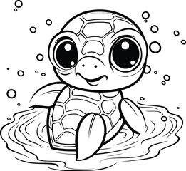 Cute cartoon turtle swimming in water. Vector illustration for coloring book.