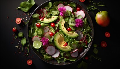 green salad with avocado and avocado mixed vegetables radishes greens - obrazy, fototapety, plakaty