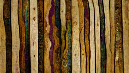 abstract Battered cross section of laminated wood background made of different kinds of wood iron wood Purple Heart lime wood balsam birch birds eye maple yellow cedar cork ebony Upcycled Reclaimed 