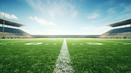Design a captivating photograph showcasing an American football field in the broad daylight - obrazy, fototapety, plakaty