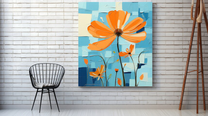a painting of an orange flower on a brick wall.   Acrylic Painting of a Navy color flower, Perfect for Wall Art.