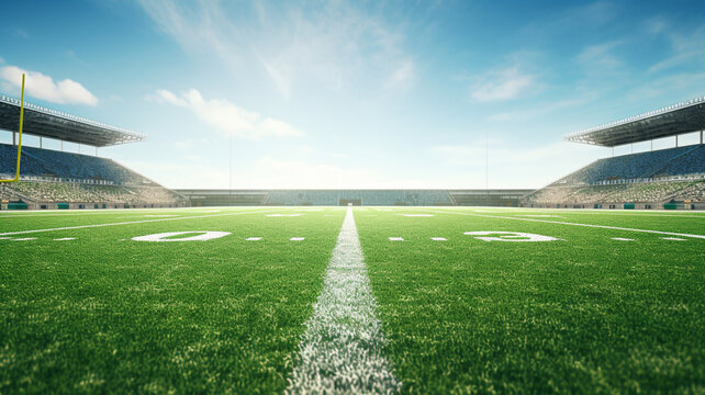Design a captivating photograph showcasing an American football field in the broad daylight