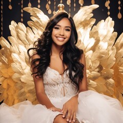 Beautiful Smiling Latina Female Holy Golden White Angel Background - Woman Angel with Empty Copy Space for Text and Ads - Happy Young Woman Angel Wallpaper created with Generative AI Technology