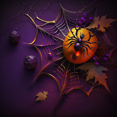 Top view on black spider sitting on orange pumpkin with web and yellow leaves on purple background. Spooky Halloween, mystique concept