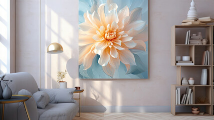 a living room with a couch and a painting on the wall.   Acrylic Painting of a Navy color flower, Perfect for Wall Art.