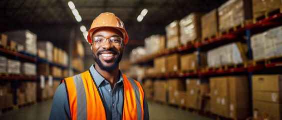 Portrait of male factory worker Wearing Safety Vest Smiling with Crossed Arms in warehouse with copy space