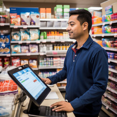 male cashier at a pet food store tablet