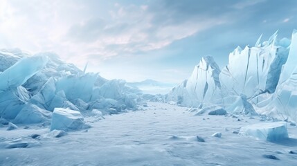 3d glacier scene design with cracked and exploded ice. Blank background suitable for displaying icy product